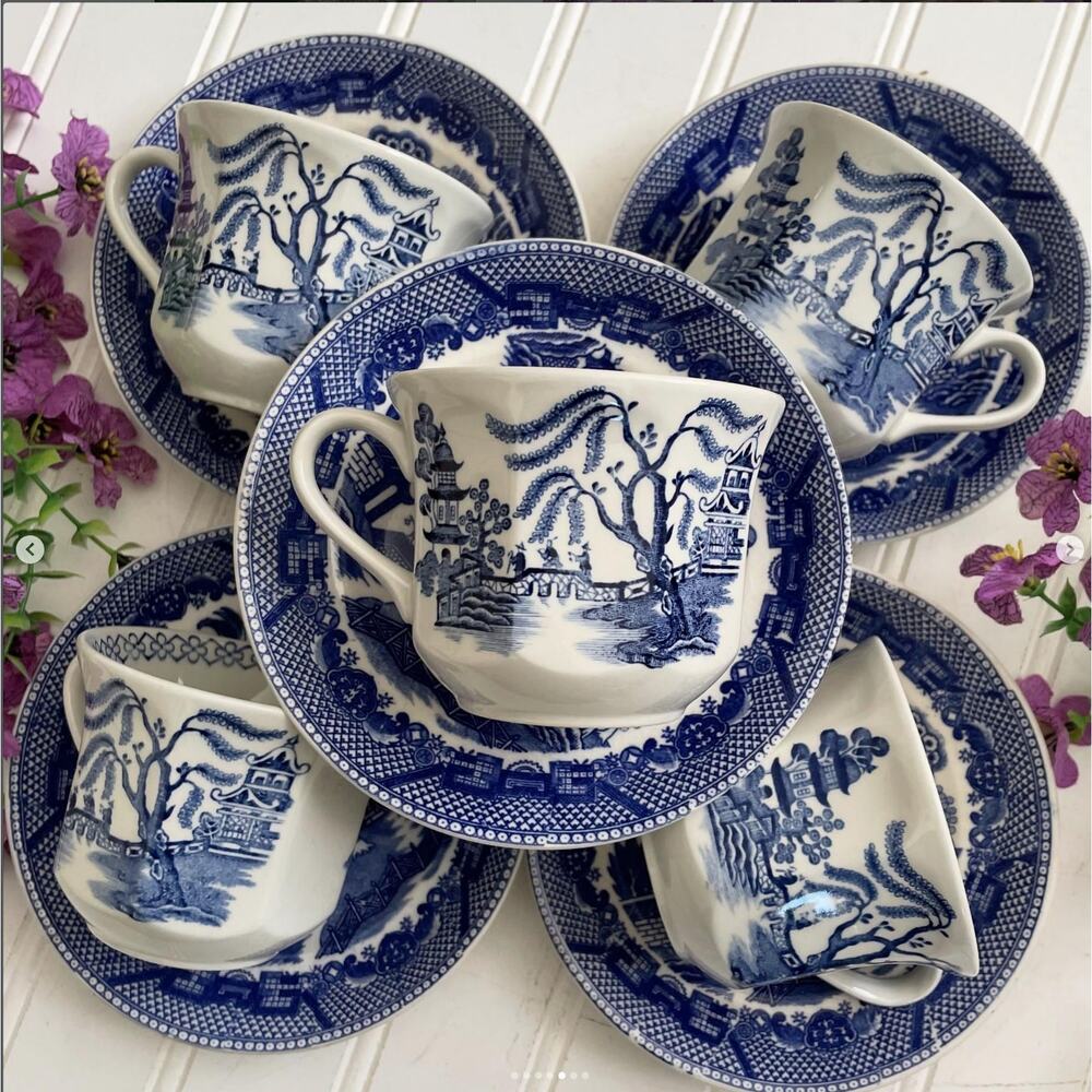 Vintage Blue Willow Pattern Dinnerware Meakin England Octagonal Teacup Saucer x5